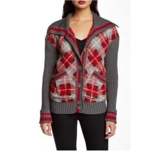 L.A.M.B Boiled Wool Cashmere Plaid Cardigan, Red/Gray, Medium